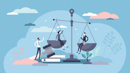 Vector illustration featuring scales of justice, gavel, books, and three people