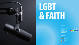 Cover art for LGBT & Faith alongside a photo of a microphone by Jukka Aalho on Unsplash