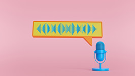 Illustration featuring microphone and speech bubble showing audio.