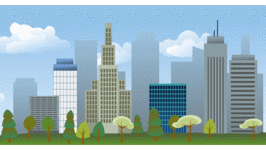 Illustration of skyscrapers lined with trees