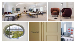 Photo collage of Fellows Hall, featuring a wide shot of the room, a close-up of two chairs, a picture of a sign that says Fellows Hall, and a photo of a window that looks out onto the lake.