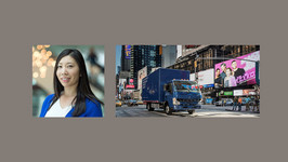 Photo of Aiko Shimizu (left) and photo of Daimler truck (right)