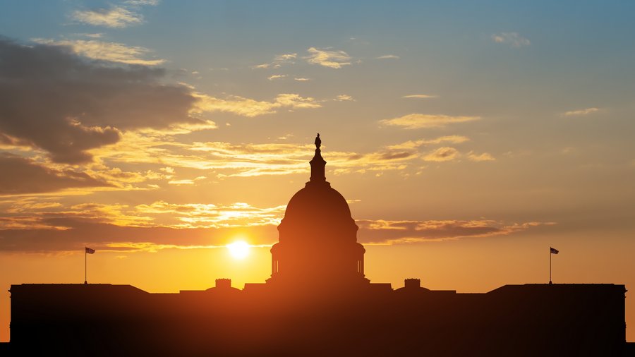 The United States Capitol building silhouette on background of sky at sunset with flying birds in Washington DC, USA.