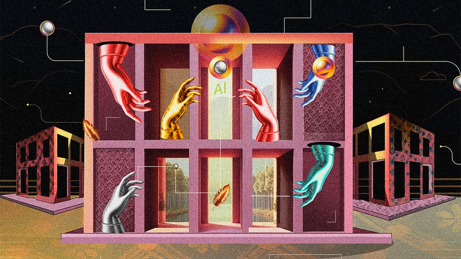 A digital AI illustration by Silvana Casuccio Martín showing hands and boxes