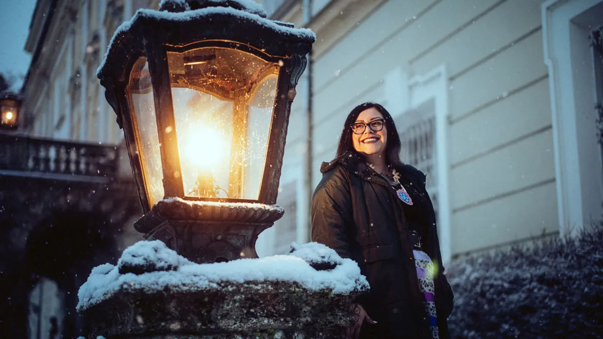 Woman in the Evening Outside the Castle With a Candle in the Foreground