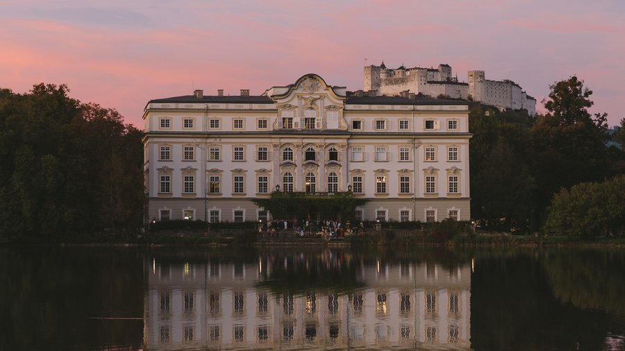 Schloss Leopoldskron, the historic home of Salzburg Global Seminar, as seen from the walking path next to Leopoldskroner Weiher