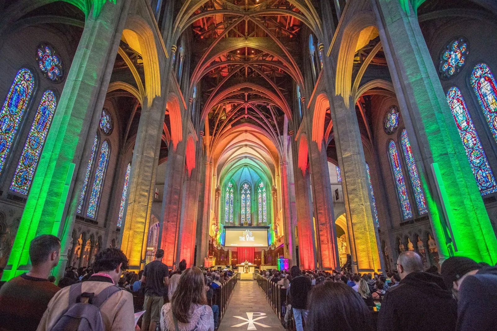 Interior View of a Colorfully Illuminated Church