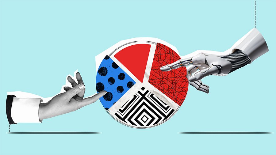 A graphic showing a colorful pie chart with a robotic hand on one side and a human hand on the other
