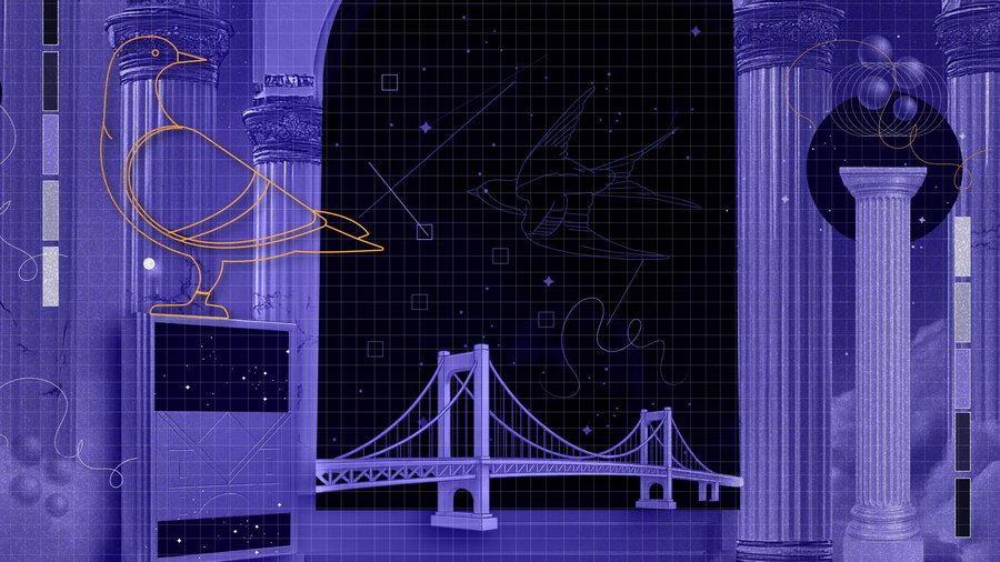 A graphic design generated using AI showing various shapes superimposed on a purple background.