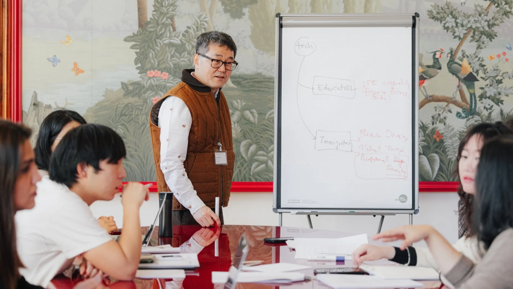 A Man Left to a Whiteboard Standing Talks to a Group at Schloss Leopoldskron