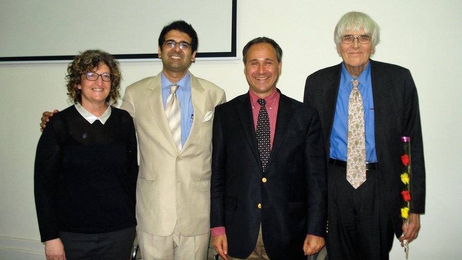 Salzburg Global Fellows Stephanie Rotem and Navras Jaat Aafreedi, with Program Director Charles Ehrlich and Senior Advisor Edward Mortimer