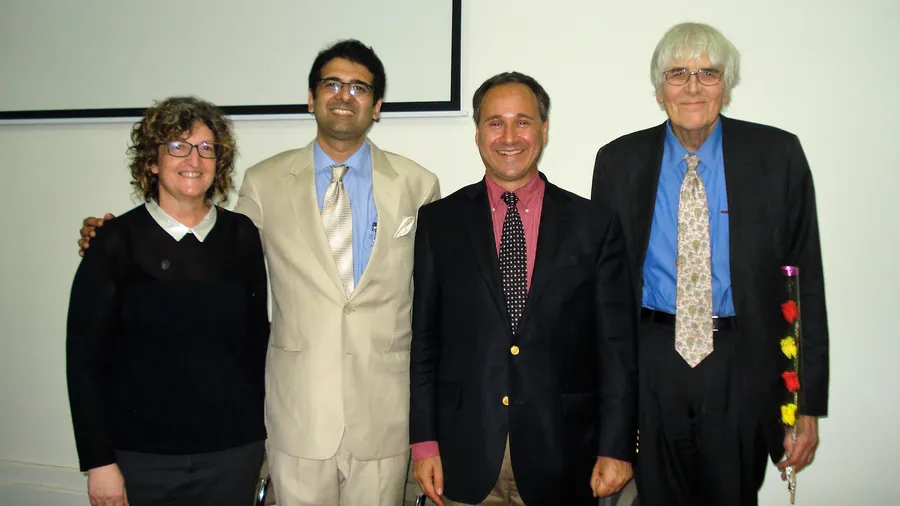 Salzburg Global Fellows Stephanie Rotem and Navras Jaat Aafreedi, with Program Director Charles Ehrlich and Senior Advisor Edward Mortimer