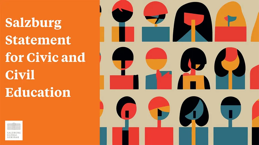 a graphic with an image of children pointing at a globe in a classroom and announcing The Salzburg Statement for Civic and Civil Education