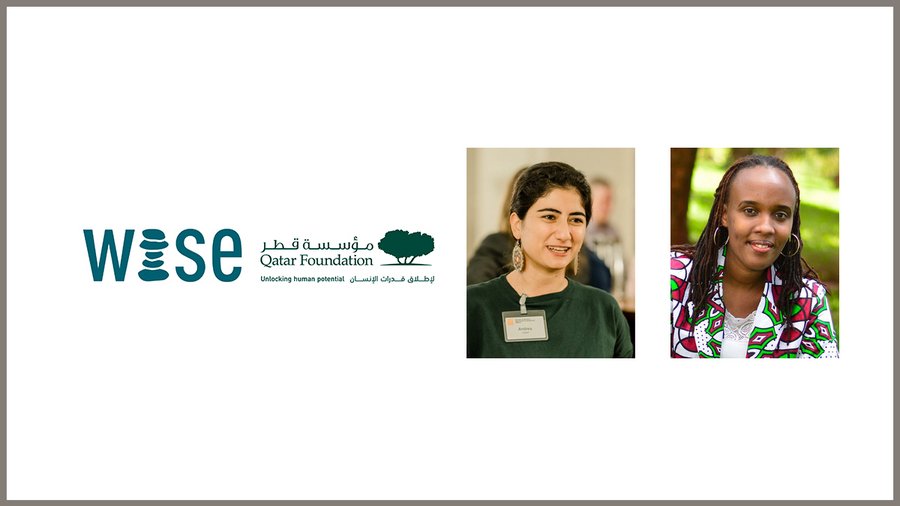 Headshots of Andrea Fahed (left) and Wairimu Mwangi (right), plus WISE's logo