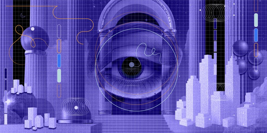 A graphic design generated using AI showing various shapes superimposed on a purple background.