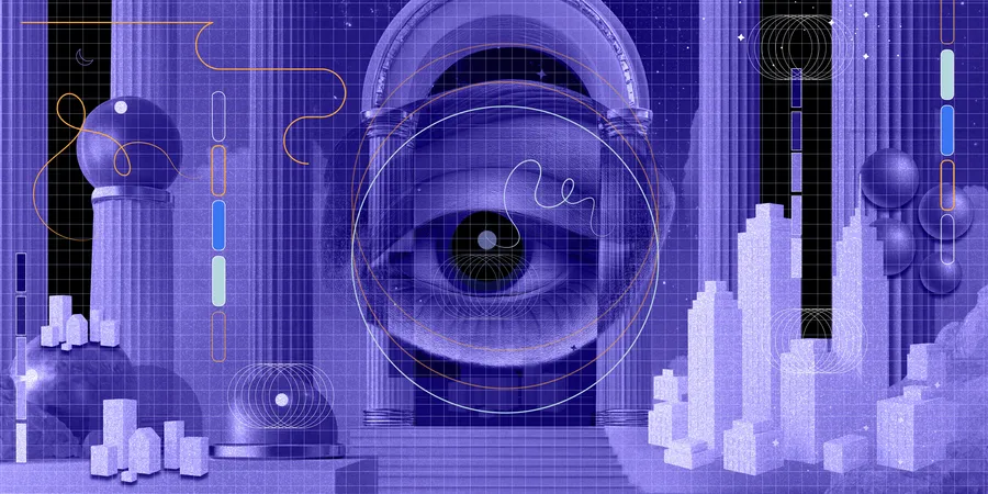 A graphic design generated using AI showing various shapes superimposed on a purple background.