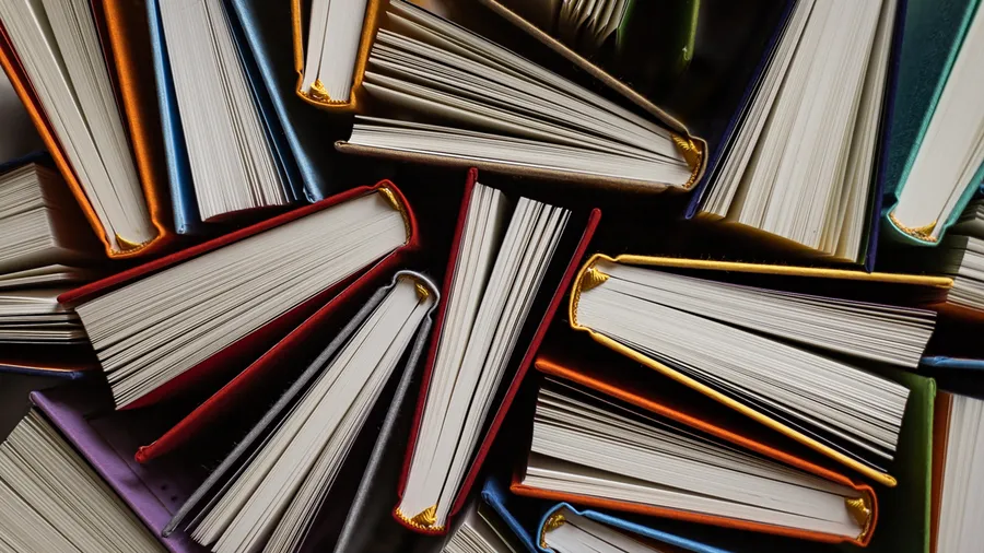 This photo shows a view of a book collection taken from above. The books are standing upright and, in some cases, slightly open.