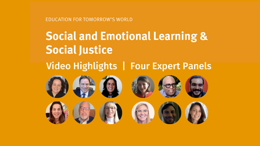 A graphic showing small circular photos of the 12 panelists for Social and Emotional Learning and Social Justice, on an orange background. The direct headline above these photos is Video Highlights, Four Expert Panels. 