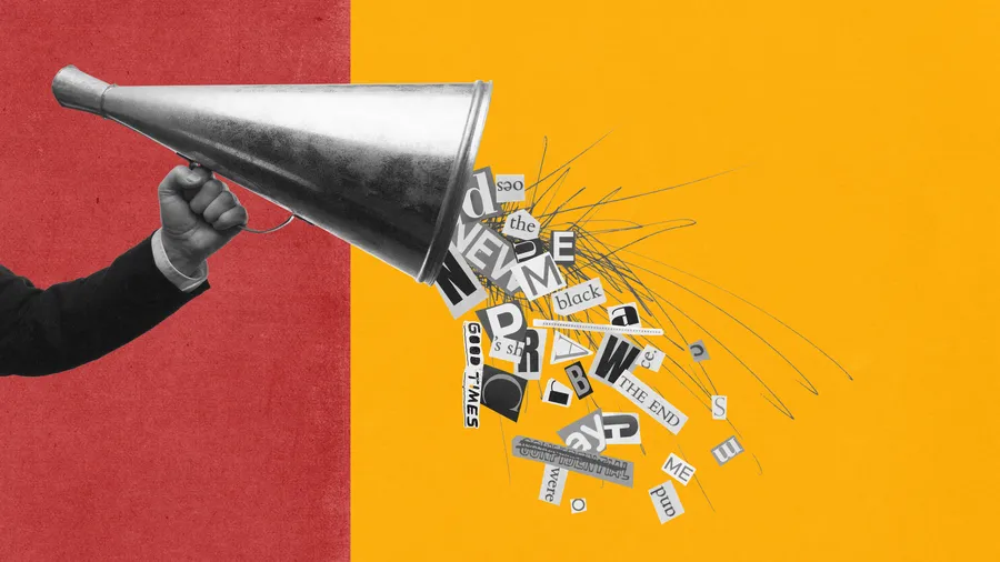 Hand holding megaphone with newspaper headings falling out. Contemporary art collage. Concept of propaganda, information, social pressure, news.