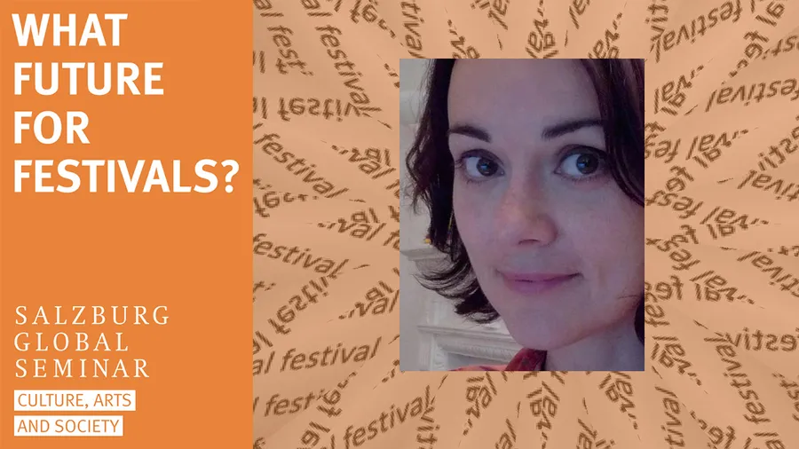 Headshot of Monica Sassatelli and What Future for Festivals? ident