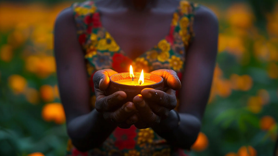 a woman's hands reach out holding a candle, symbolizing hope
