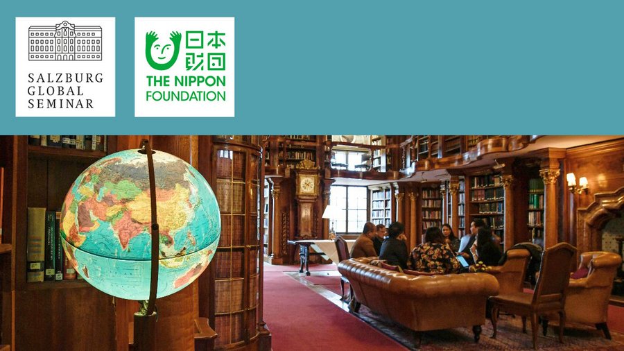 Graphic featuring Salzburg Global Seminar and The Nippon Foundation's logos plus a screenshot of the Max Reinhardt Library at Schloss Leopoldskron