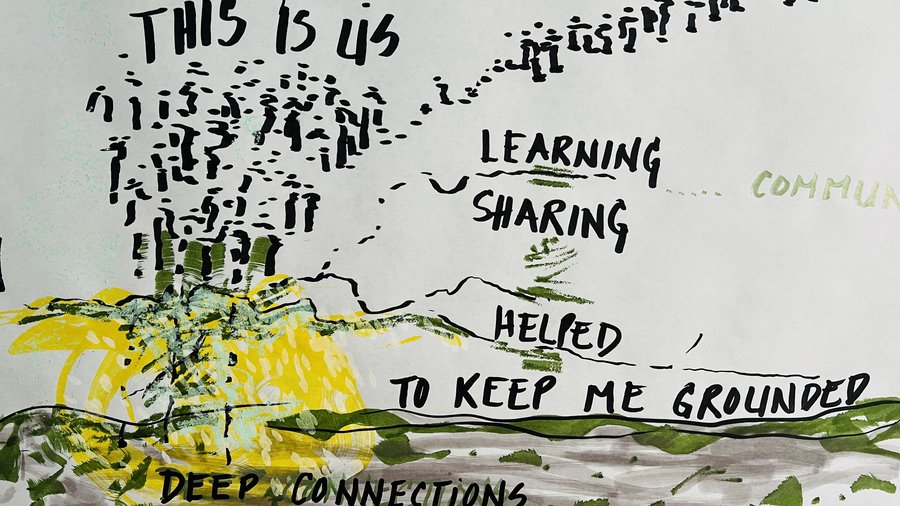 An image describing the Salzburg Global session on "Centering on Equity: Transforming the Health Science Knowledge System" by visual scribe Déline Petrone.