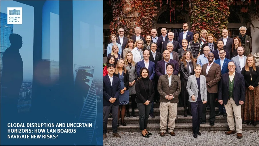 A cover of a report next to a photo of a group of people standing outside on the steps of Schloss Leopoldskron