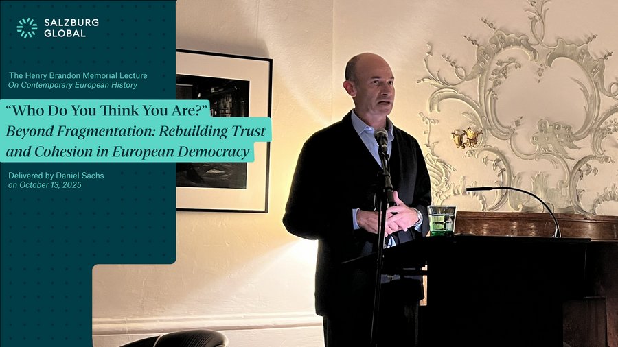 graphic showing Daniel Sachs holding the 2025 Brandan Memorial Lecture in the Great Hall of Schloss Leopoldskron