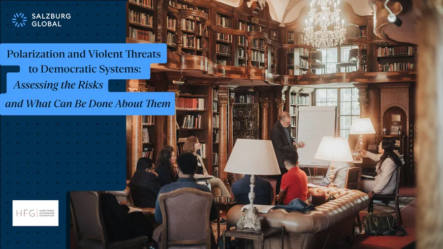 An image of the report cover titled "Polarization and Violent Threats to Democratic Systems: Assessing the Risks and What Can Be Done About Them"