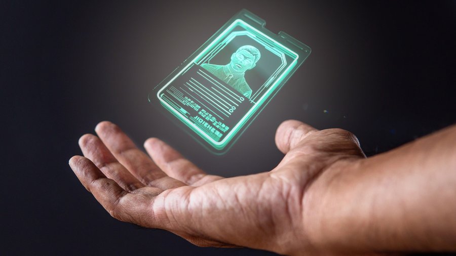 Closeup image of hand and digital identification card or digital ID on black background. Technology concept.