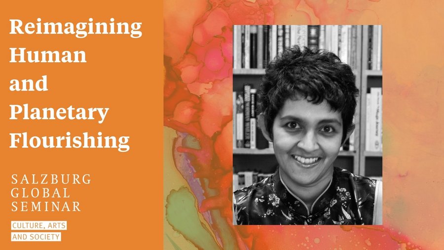 Headshot of Pireeni with "Reimagining Human and Planetary Flourishing" written next to it