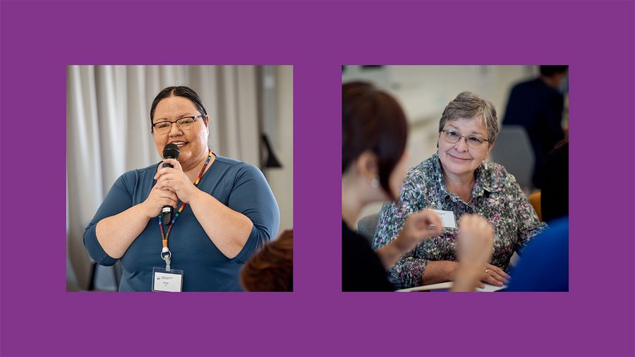 Pictures of two women on top of a purple background. The woman on the left speaks into a microphone and the woman on the right sits smiling.