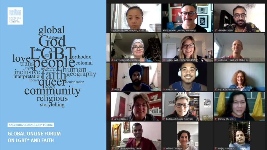 Picture of Global Online Forum on LGBT* and Faith report front cover, plus partial group picture of participants taken on Zoom