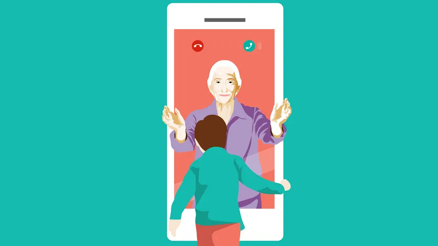 Image created by Nubefy Design for All. Image of child greeting grandparent in video conversation. Submitted for United Nations Global Call Out To Creatives - help stop the spread of COVID-19