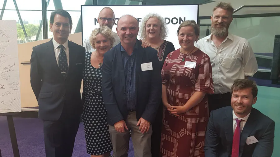 At the National Park City Summit – from left to right – Paul de Zylva, Clare Shine, Peter Massini, Kevin Halpenny, Kobie Brand, Alison Barnes, Dan Raven-Ellison, Russell Galt
