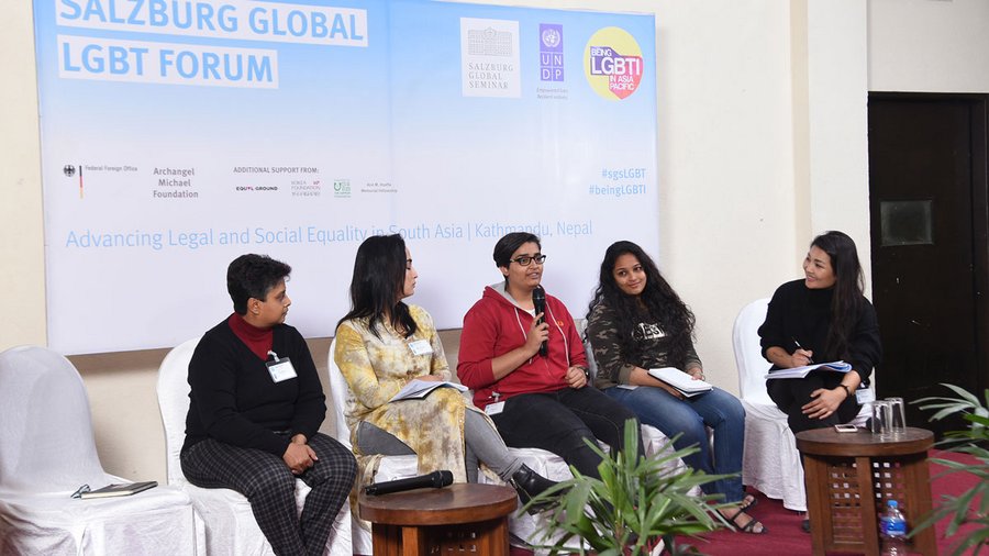 Fatema Bhaji (center) speaks on a panel about “tipping points” for LGBTI issues in South Asia. Photo: Salzburg Global Seminar/ProVision Photography.
