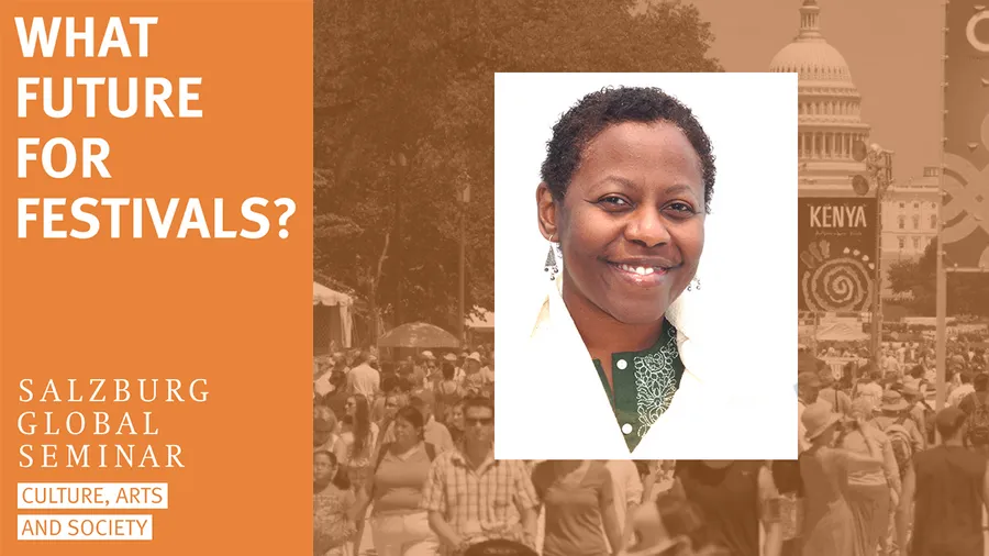 Photo of Sabrina Lynn Motley placed on background featuring scene from Smithsonian Folklife Festival 