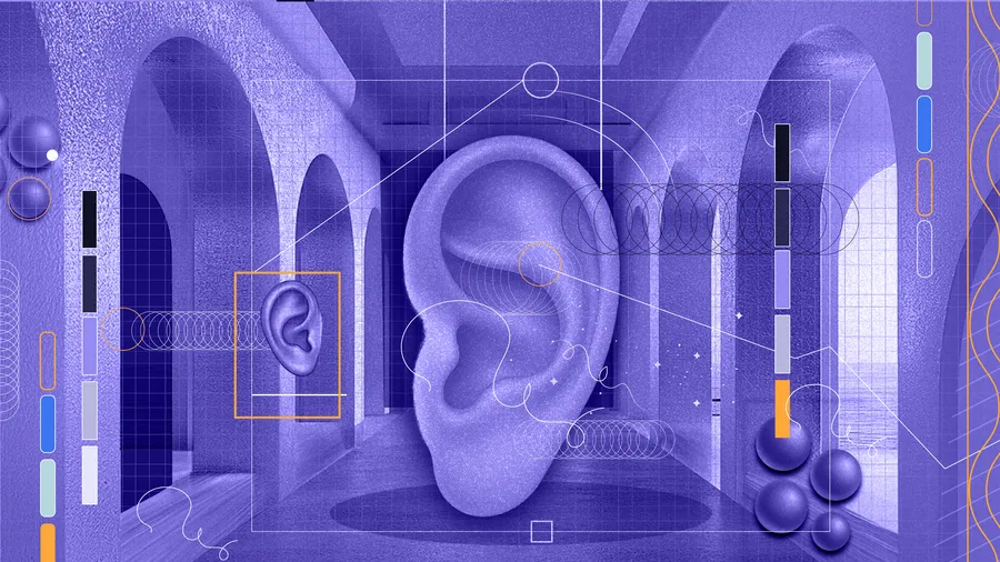 A graphic design generated using AI showing various shapes superimposed on a purple background.