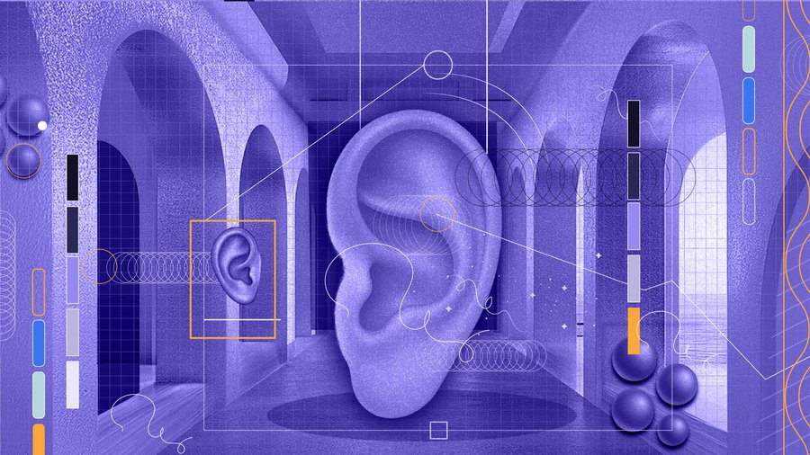 A graphic design generated using AI showing various shapes superimposed on a purple background.