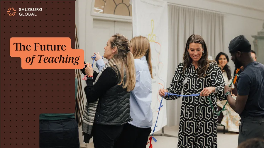 A graphic showing Salzburg Global Fellows and announcing the Future of Teaching report