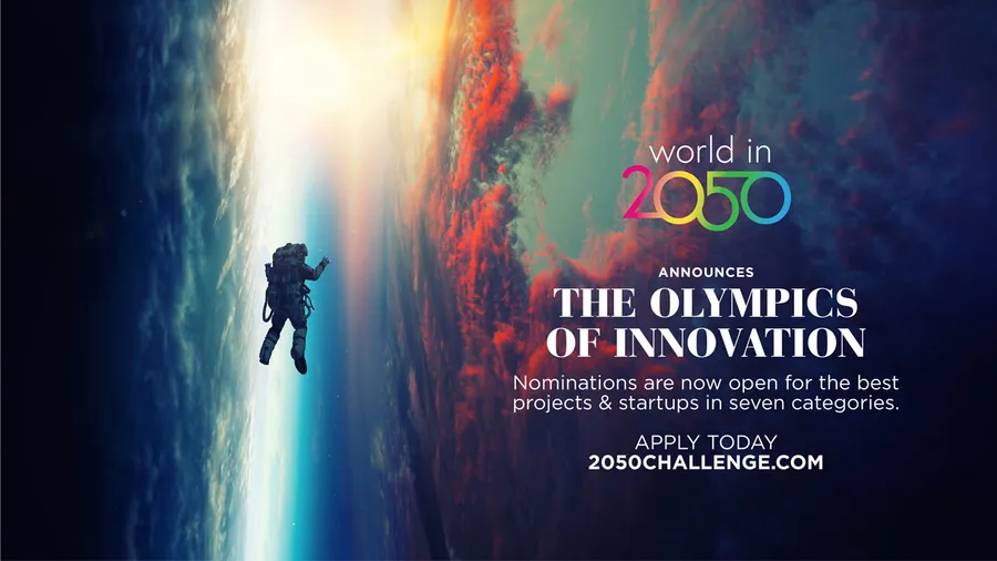 World in 2050 announces The Olympics of Innovation. Nominations are now open for the best projects and startups in seven categories. Apply today at 2050challenge.com. Picture of astronaut in stratosphere.