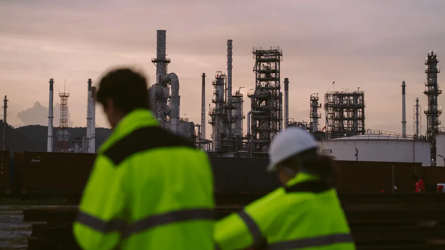 Two industrial workers, wearing high-visibility jackets, stand outside of an industrial factory.
