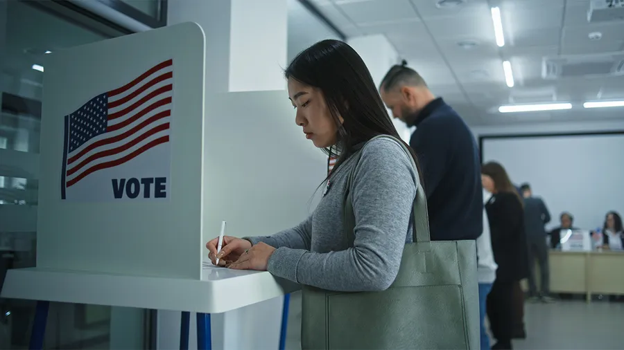 A young Asian woman stands in a voting booth and writes on a voting ballot for an American election