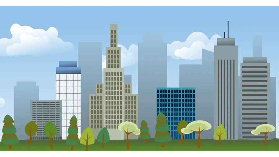 Illustration of skyscrapers lined with trees