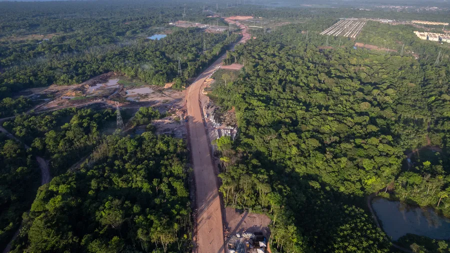 Aerial view of deforestation of a road being built in the Amazon rainforest for the UN Climate Change Conference Cop 30 in Belém, Pará, Brazil.