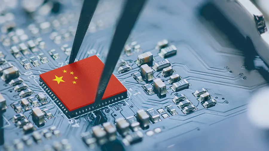 a flag of china is placed in the middle of a computer microchip