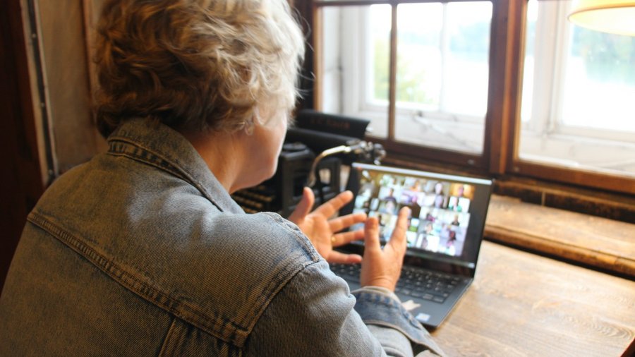 Clare Shine takes part in a Zoom call during one of this year's online programs