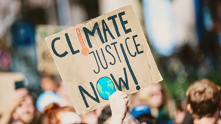A hand holds a sign aloft, which says Climate Justice Now