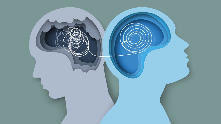 Psychological help and psycho therapy for mental health vector illustration. Two human heads silhouette paper cut design